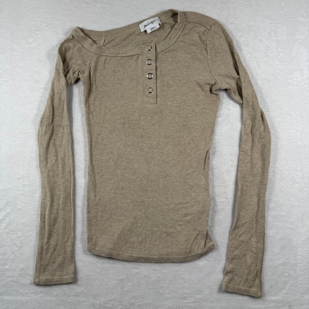 The Line by K Womens Beige Ribbed Off-Shoulder Henley Long Sleeve Top Small